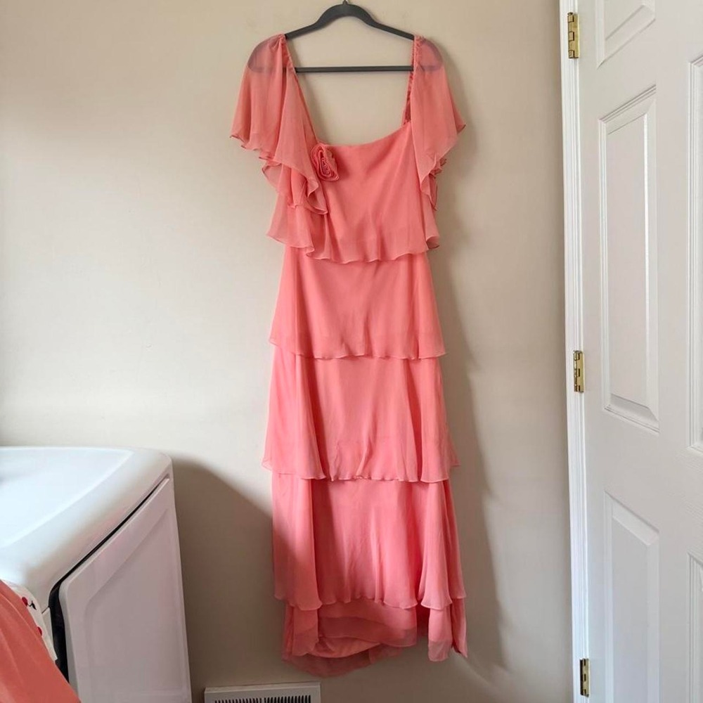 70s Salmon Pink Chiffon Maxi Dress Tiered Maxi Formal Off Shoulder